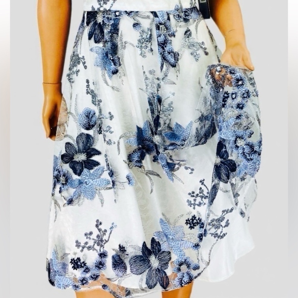Tahari ASL‎ Embroidered Mesh Dress 8 Blue Silver Fairy Garden Prom Y2K Revival - Picture 2 of 12